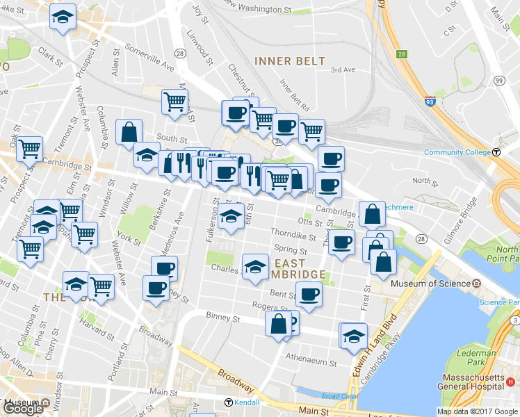 map of restaurants, bars, coffee shops, grocery stores, and more near 48 6th Street in Cambridge