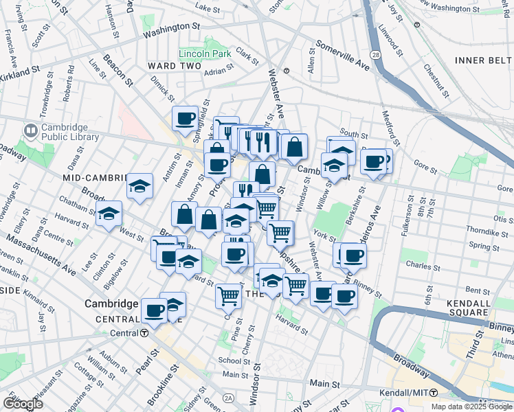 map of restaurants, bars, coffee shops, grocery stores, and more near 132 Hampshire Street in Cambridge