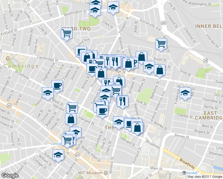 map of restaurants, bars, coffee shops, grocery stores, and more near 132 Hampshire Street in Cambridge