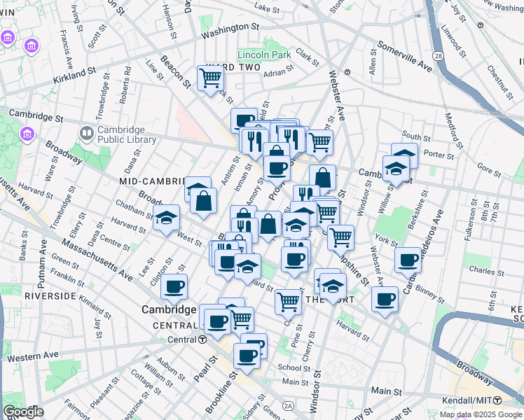 map of restaurants, bars, coffee shops, grocery stores, and more near 210 Prospect Street in Cambridge
