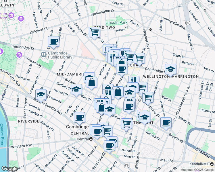 map of restaurants, bars, coffee shops, grocery stores, and more near 39 Amory Street in Cambridge