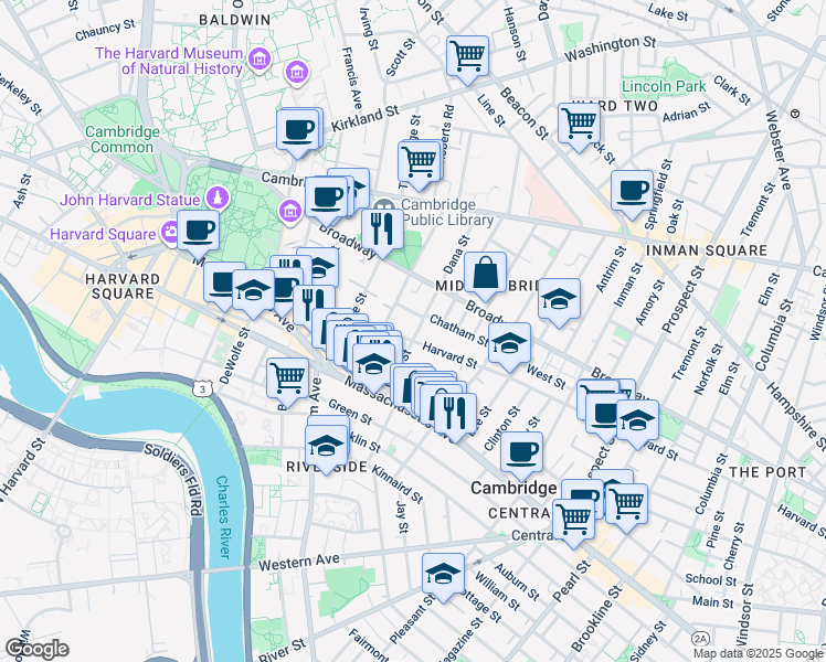 map of restaurants, bars, coffee shops, grocery stores, and more near 338 Harvard Street in Cambridge