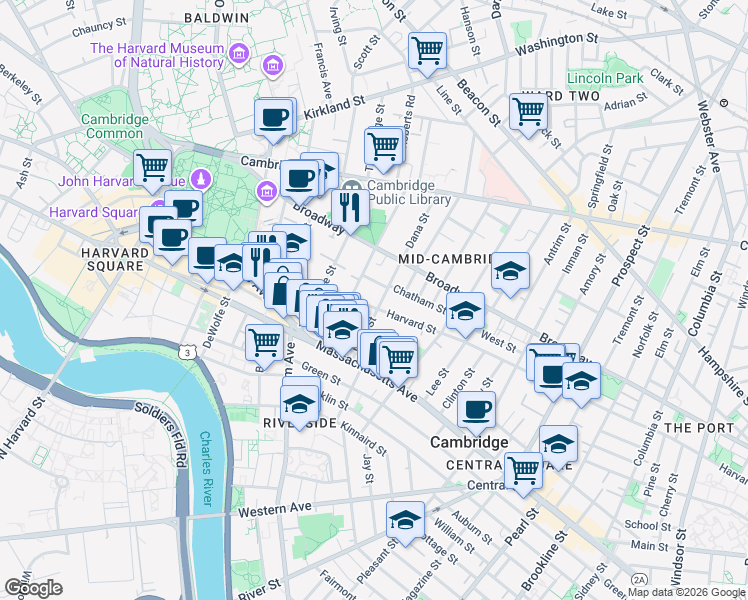 map of restaurants, bars, coffee shops, grocery stores, and more near 11H Dana Place in Cambridge