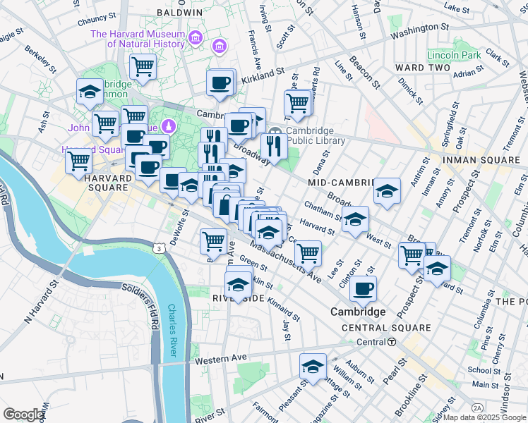 map of restaurants, bars, coffee shops, grocery stores, and more near 12 Trowbridge Street in Cambridge
