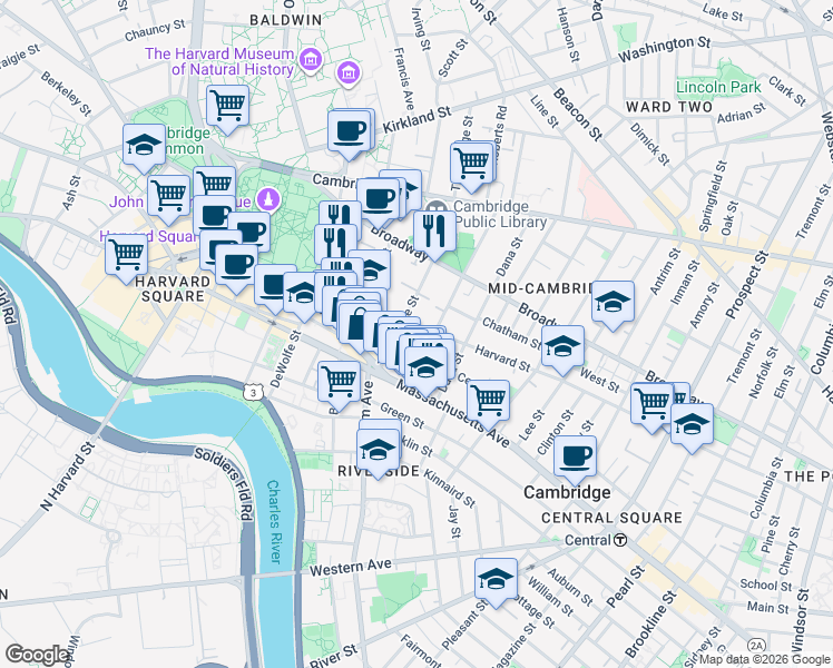 map of restaurants, bars, coffee shops, grocery stores, and more near 12 Trowbridge Street in Cambridge
