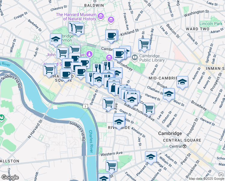 map of restaurants, bars, coffee shops, grocery stores, and more near 1090-1100 Massachusetts Avenue in Cambridge