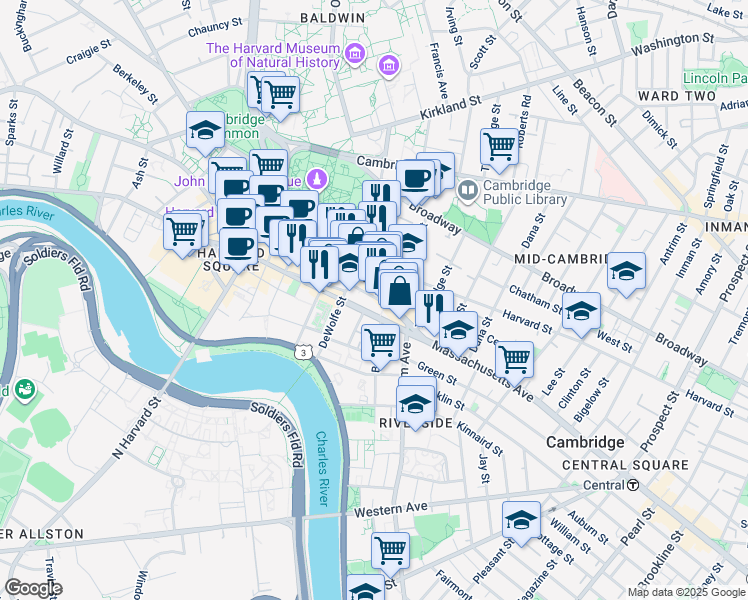 map of restaurants, bars, coffee shops, grocery stores, and more near 18 Mount Auburn Street in Cambridge