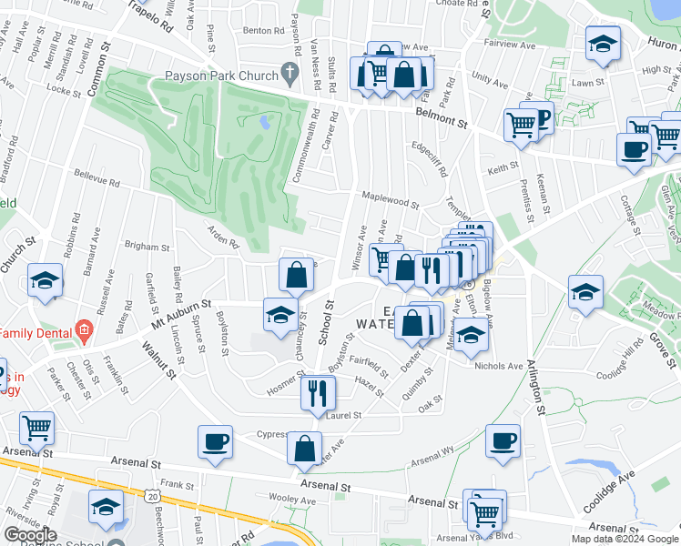 map of restaurants, bars, coffee shops, grocery stores, and more near 467 Mount Auburn Street in Watertown