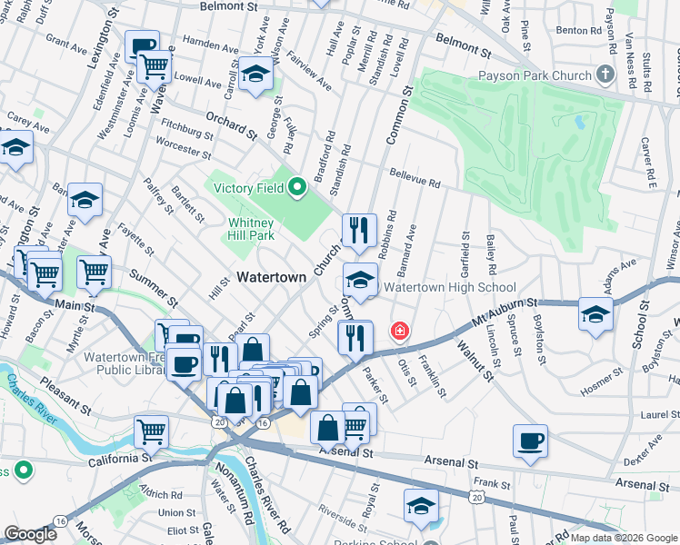map of restaurants, bars, coffee shops, grocery stores, and more near 3 Middlesex Road in Watertown