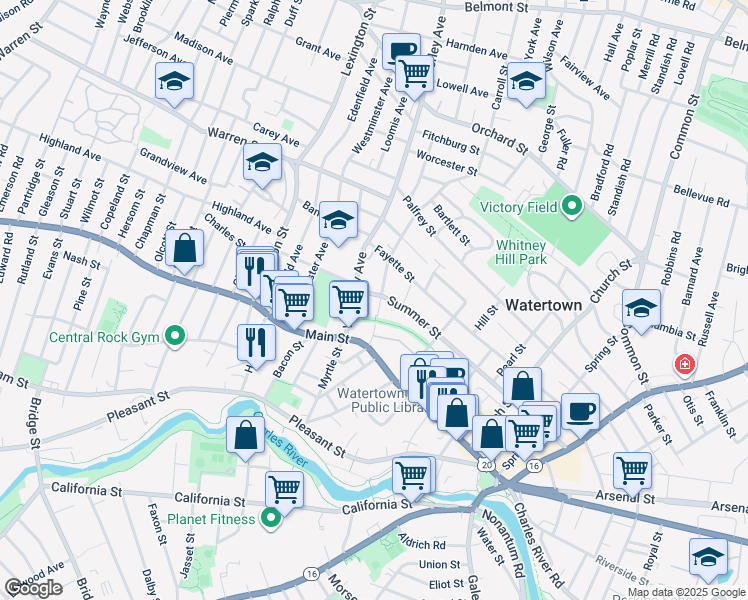 map of restaurants, bars, coffee shops, grocery stores, and more near 25 Forest Street in Watertown