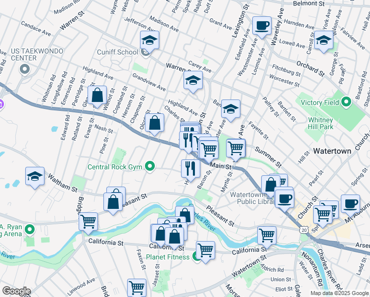 map of restaurants, bars, coffee shops, grocery stores, and more near 12 Oakland Street in Watertown