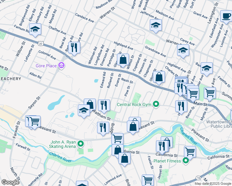 map of restaurants, bars, coffee shops, grocery stores, and more near 185 Acton Street in Watertown