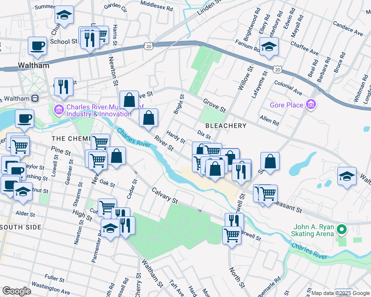 map of restaurants, bars, coffee shops, grocery stores, and more near 176 River Street in Waltham