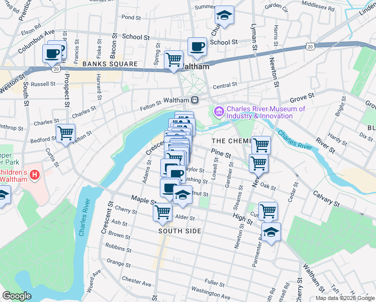 map of restaurants, bars, coffee shops, grocery stores, and more near 366 Moody Street in Waltham