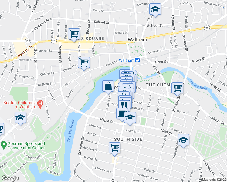 map of restaurants, bars, coffee shops, grocery stores, and more near 1 Spruce Street in Waltham