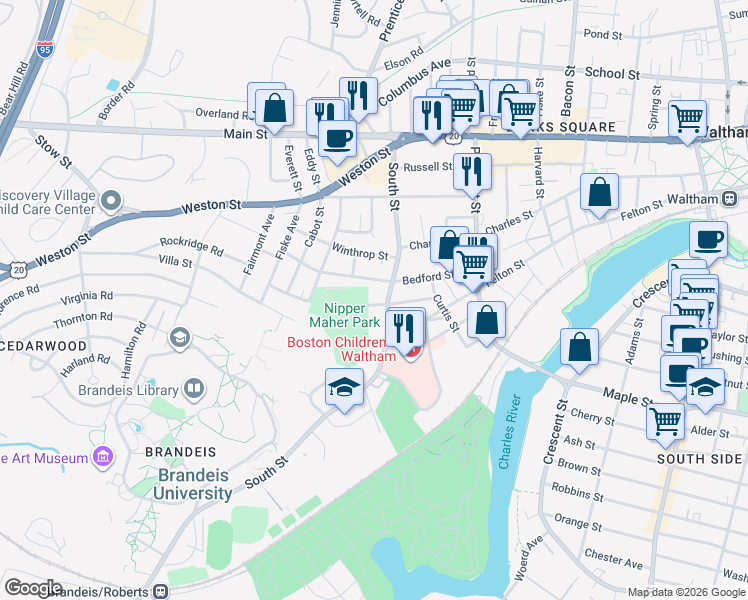map of restaurants, bars, coffee shops, grocery stores, and more near 157 South Street in Waltham