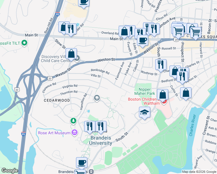 map of restaurants, bars, coffee shops, grocery stores, and more near in Waltham