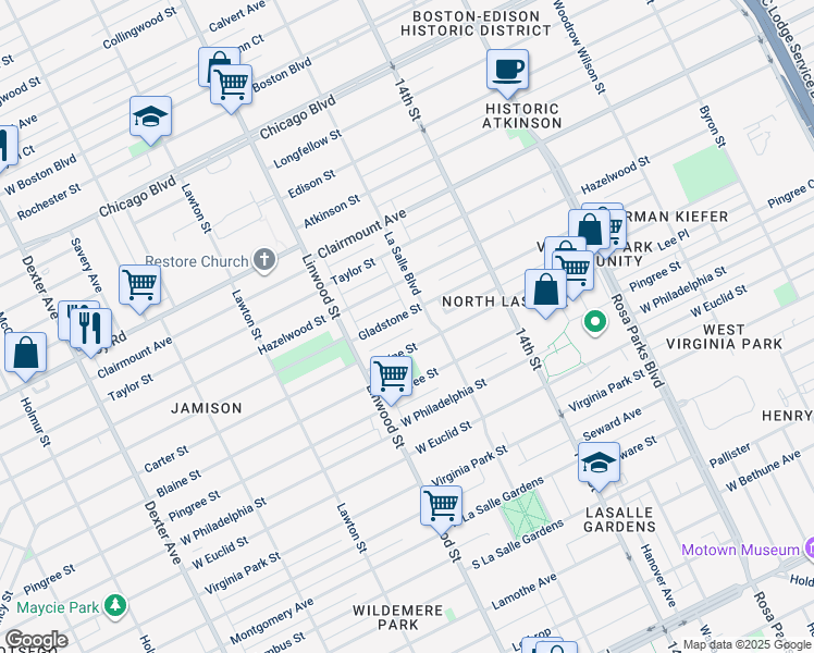 map of restaurants, bars, coffee shops, grocery stores, and more near 2468 Blaine Street in Detroit