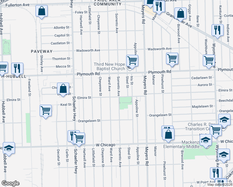 map of restaurants, bars, coffee shops, grocery stores, and more near 10047 Sorrento Avenue in Detroit