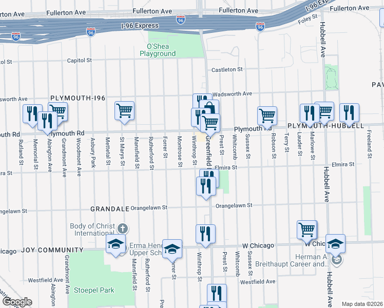 map of restaurants, bars, coffee shops, grocery stores, and more near 11317 Winthrop Street in Detroit