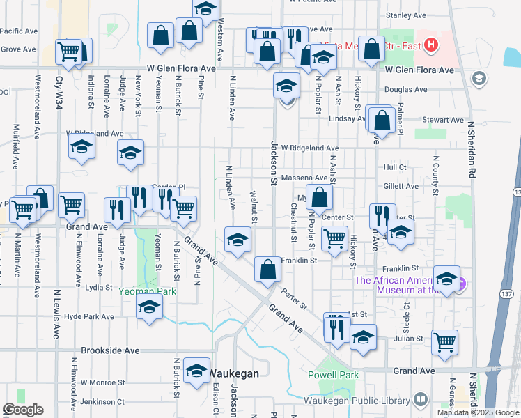 map of restaurants, bars, coffee shops, grocery stores, and more near 914 Edwards Street in Waukegan