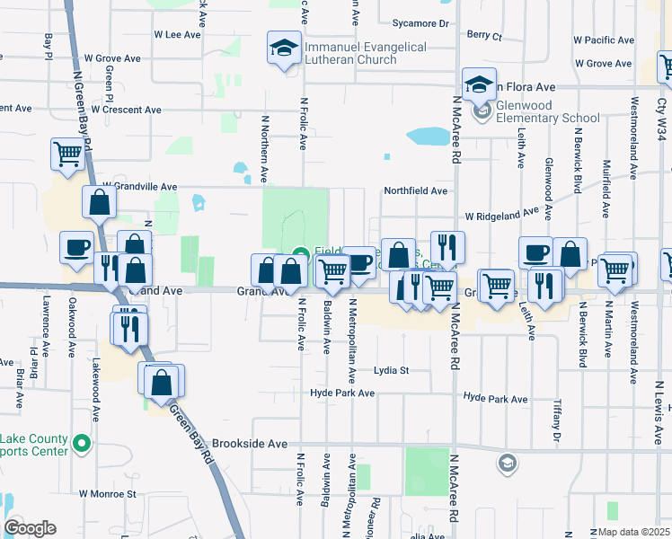 map of restaurants, bars, coffee shops, grocery stores, and more near 2818 Grand Avenue in Waukegan