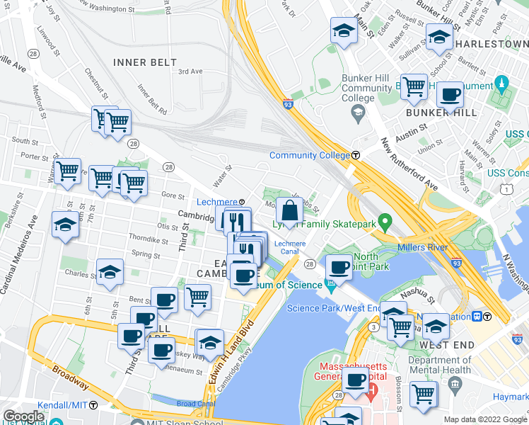 map of restaurants, bars, coffee shops, grocery stores, and more near 2 Leighton Street in Cambridge