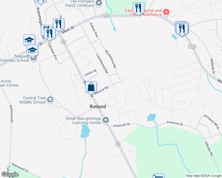 map of restaurants, bars, coffee shops, grocery stores, and more near 13 Highland Park Road in Rutland
