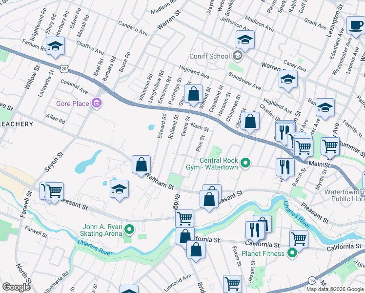 map of restaurants, bars, coffee shops, grocery stores, and more near 185 Acton Street in Watertown