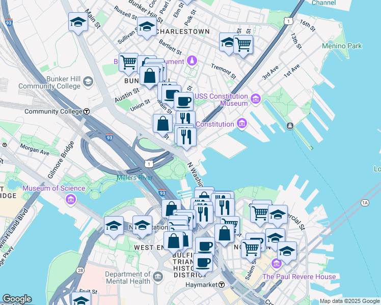 map of restaurants, bars, coffee shops, grocery stores, and more near 1 Constitution Plaza in Boston