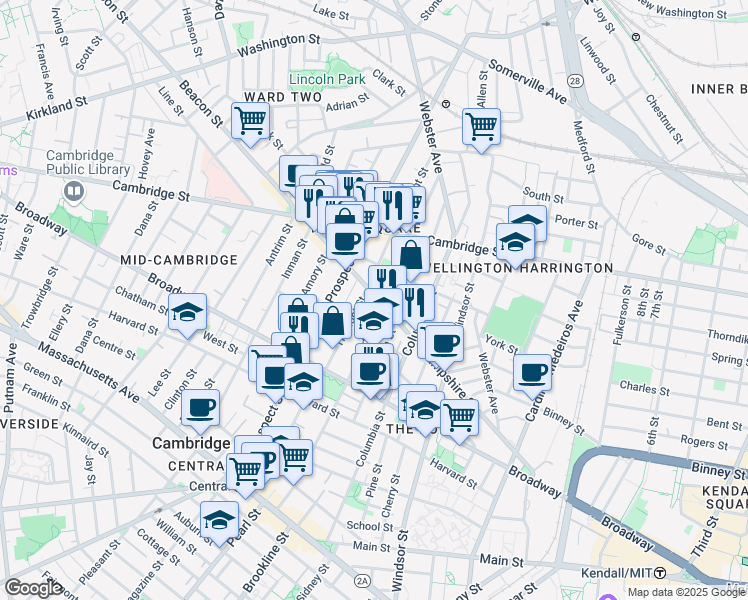 map of restaurants, bars, coffee shops, grocery stores, and more near 150 Hampshire St in Mid-Cambridge