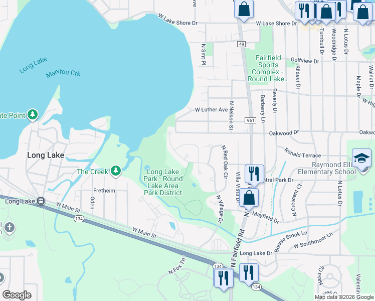 map of restaurants, bars, coffee shops, grocery stores, and more near 1226 North Village Drive in Round Lake Beach