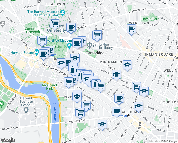 map of restaurants, bars, coffee shops, grocery stores, and more near Harvard St & Ellery St in Mid-Cambridge