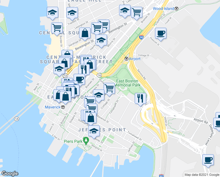 map of restaurants, bars, coffee shops, grocery stores, and more near Porter St & Lubec St in Boston
