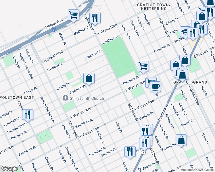 map of restaurants, bars, coffee shops, grocery stores, and more near 3660 Theodore Street in Detroit