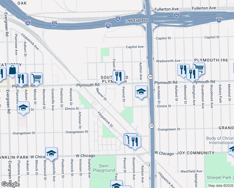 map of restaurants, bars, coffee shops, grocery stores, and more near 11446 Faust Avenue in Detroit