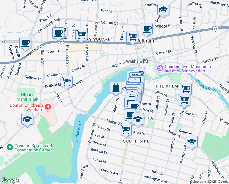 map of restaurants, bars, coffee shops, grocery stores, and more near 1 Spruce Street in Waltham