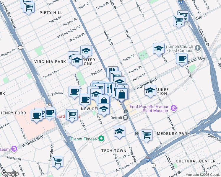 map of restaurants, bars, coffee shops, grocery stores, and more near 3071 East Grand Boulevard in Detroit