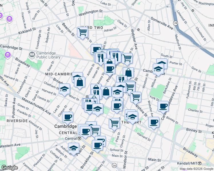 map of restaurants, bars, coffee shops, grocery stores, and more near 210 Prospect Street in Cambridge