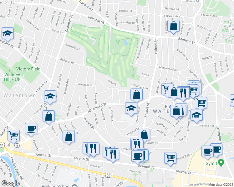 map of restaurants, bars, coffee shops, grocery stores, and more near 30 Oakley Road in Watertown
