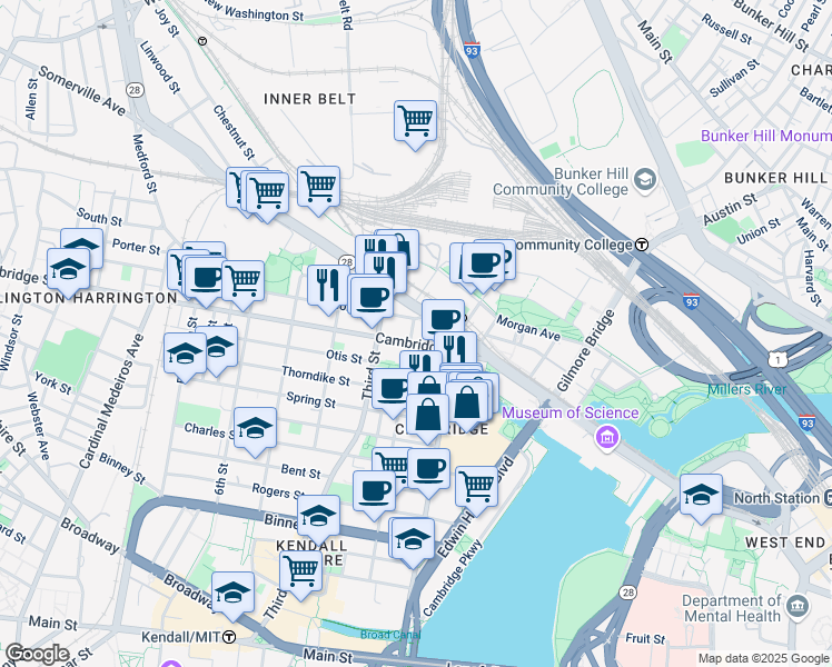 map of restaurants, bars, coffee shops, grocery stores, and more near 14 Second Street in Cambridge