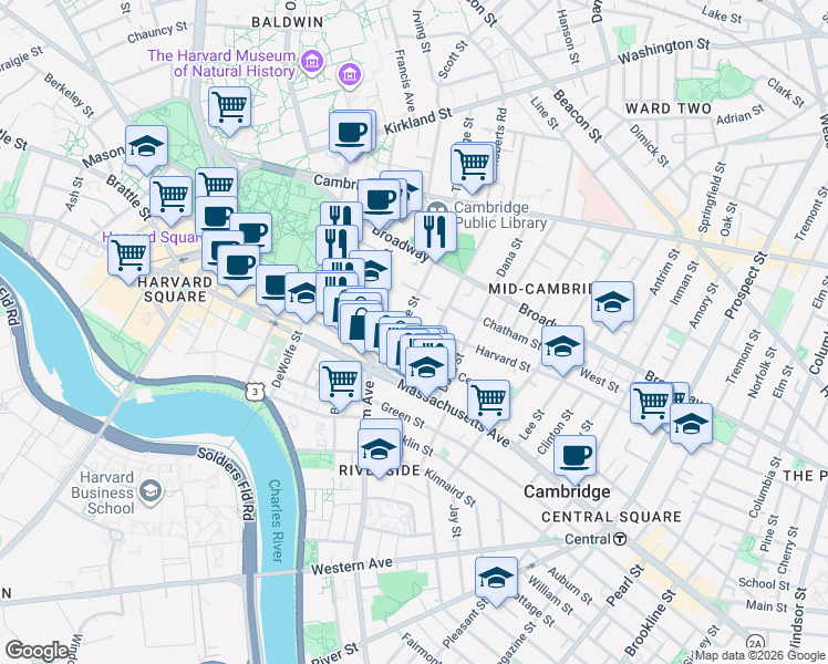 map of restaurants, bars, coffee shops, grocery stores, and more near 12 Trowbridge Street in Cambridge