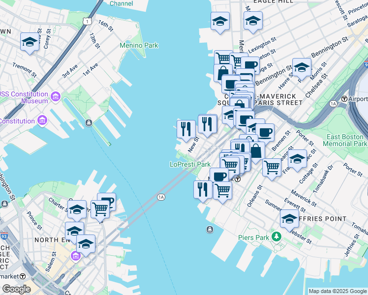 map of restaurants, bars, coffee shops, grocery stores, and more near 10 New Street in Boston