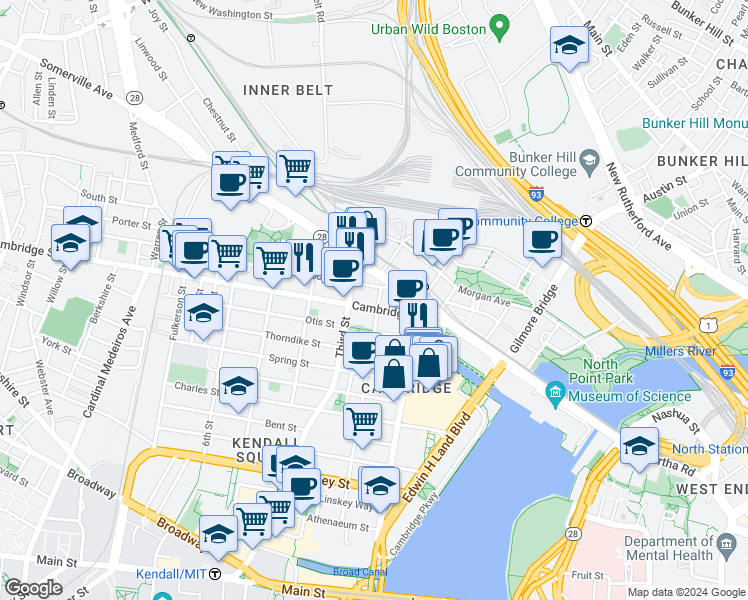 map of restaurants, bars, coffee shops, grocery stores, and more near 175 Cambridge Street in Cambridge