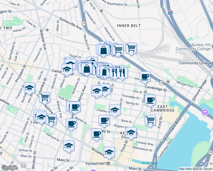 map of restaurants, bars, coffee shops, grocery stores, and more near 180 Thorndike Street in Cambridge