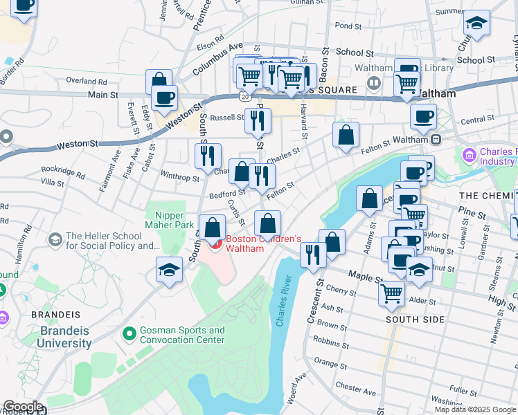 map of restaurants, bars, coffee shops, grocery stores, and more near 137 Prospect Street in Waltham