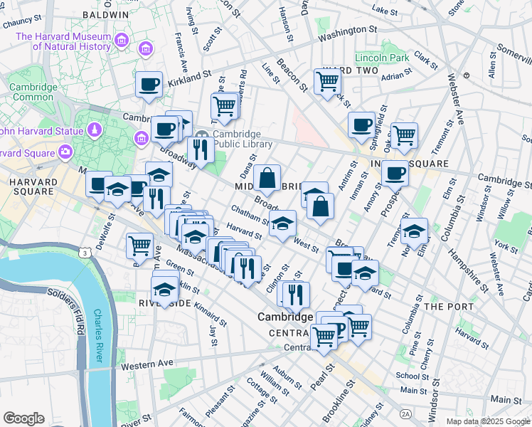 map of restaurants, bars, coffee shops, grocery stores, and more near 321 Harvard Street in Cambridge