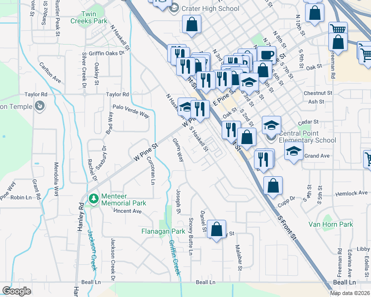 map of restaurants, bars, coffee shops, grocery stores, and more near 155 Glenn Way in Central Point