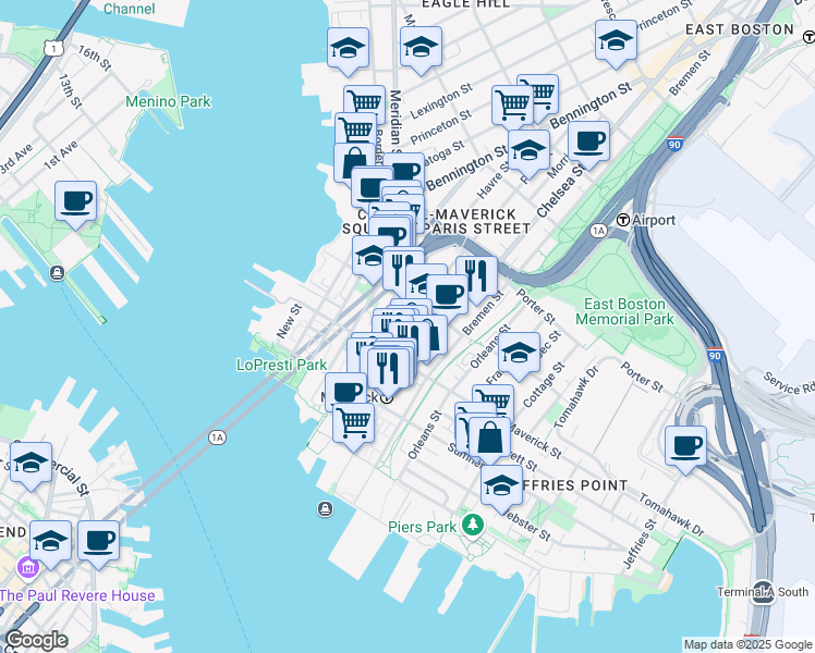map of restaurants, bars, coffee shops, grocery stores, and more near 69 Paris Street in Boston