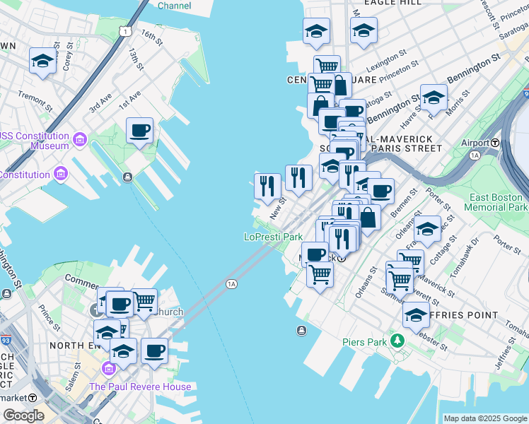 map of restaurants, bars, coffee shops, grocery stores, and more near 6 New Street in Boston